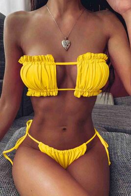 Angelsin Brezilya Model Büzgülü Bağlamalı Bikini Takım Sarı MS4164 - Thumbnail