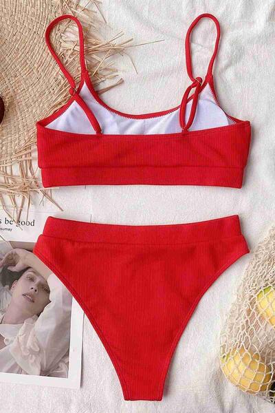 Angelsin Yüksek Bel Fitilli Kumaş Tankini Bikini Üstü Kırmızı