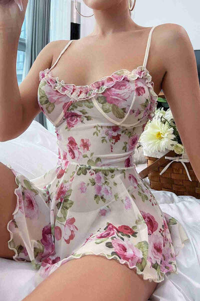 Çicek Desenli Özel Tasarım Gecelik Babydoll Çok Renkli - MS2359