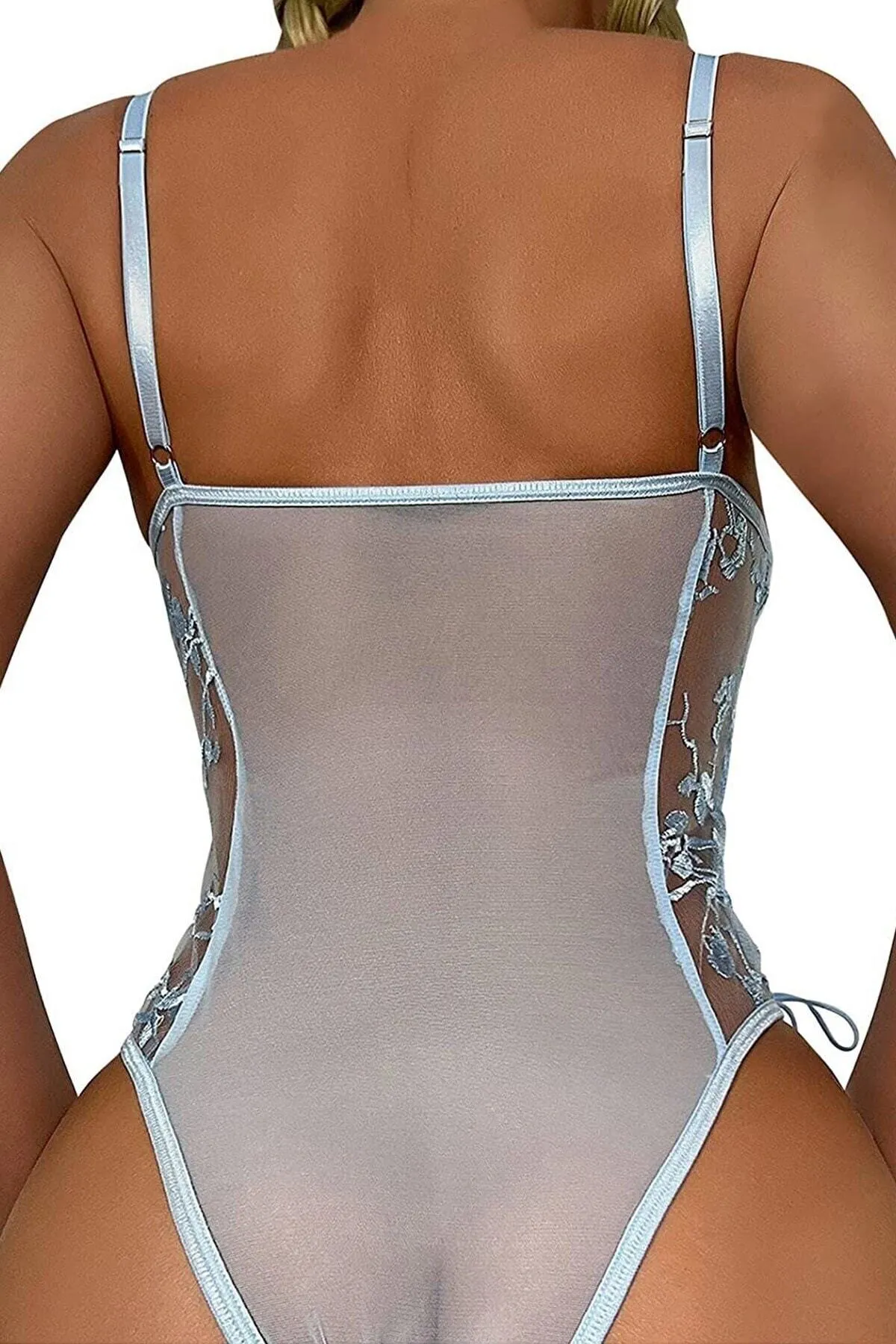 Çiçek İşlemeli Transparan Seksi İç Çamaşırı Bodysuit - Thumbnail