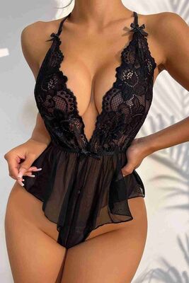 Dantelli Gecelik Babydoll Bodysuit Siyah - Thumbnail