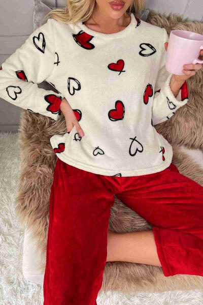 Kalp Baskılı Peluş Polar Alt Üst Uzun Kollu Pijama Takımı Çok Renkli