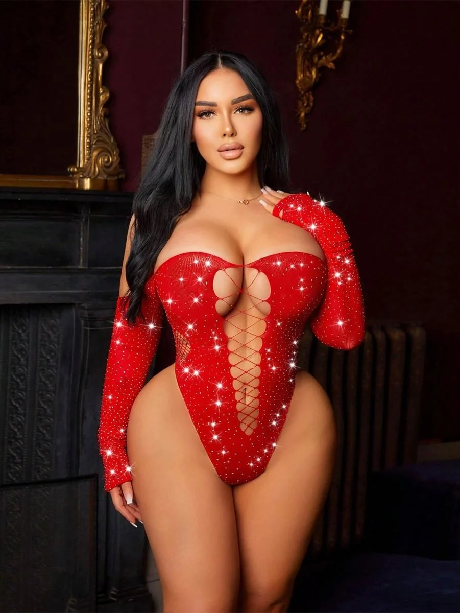 Kırmızı Parıltılı Derin Dekolteli Bodysuit - Thumbnail