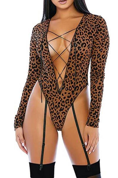 Leopar Desenli Jartiyer İpli Fantazi Body