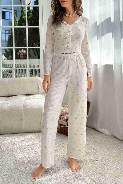 Özel Örme Kumaş Baskılı Uzun Kollu Pijama Takımı Çok Renkli - MS4072