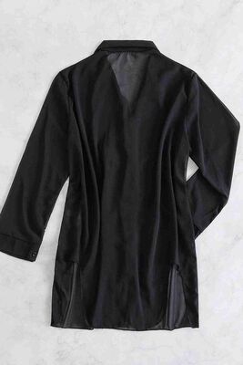 Şifon Gömlek Plaj Elbisesi Pareo Kimono Kaftan Siyah - MS4357 - Thumbnail