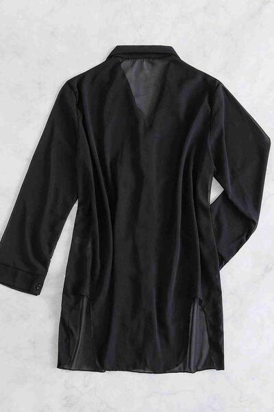 Şifon Gömlek Plaj Elbisesi Pareo Kimono Kaftan Siyah - MS4357