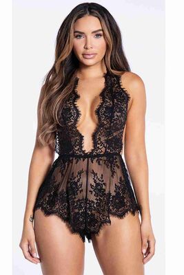 Şık Dantelli Gecelik Babydoll Bodysuit Tulum Siyah - Thumbnail