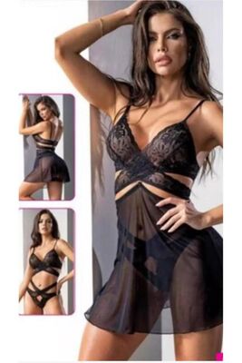 Siyah Dantelli Fantazi Babydoll Gecelik Takım - Thumbnail