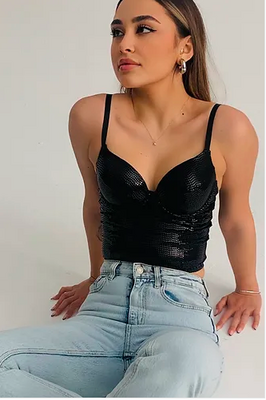 Baskılı Soft Lycralı Crop Top Balenli Push Up - Thumbnail