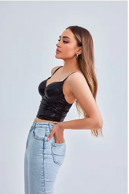 Baskılı Soft Lycralı Crop Top Balenli Push Up - Thumbnail