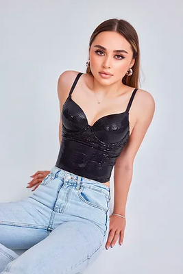 Baskılı Soft Lycralı Crop Top Balenli Push Up - Thumbnail