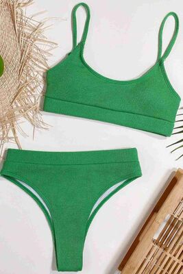 Yüksek Bel Fitilli Kumaş Tankini Bikini Üstü Yeşil - Thumbnail